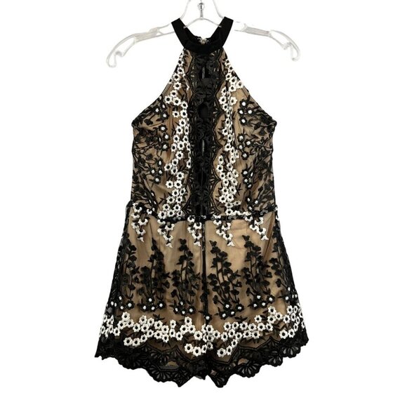 Aly Daly Womens Halter Racerback Floral Lace Romper Black/Multi L Cut Out - Picture 1 of 10